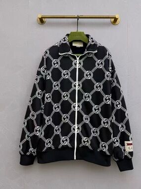 Gucci Black & White Interlocking-G Logo Zip Bomber Jacket